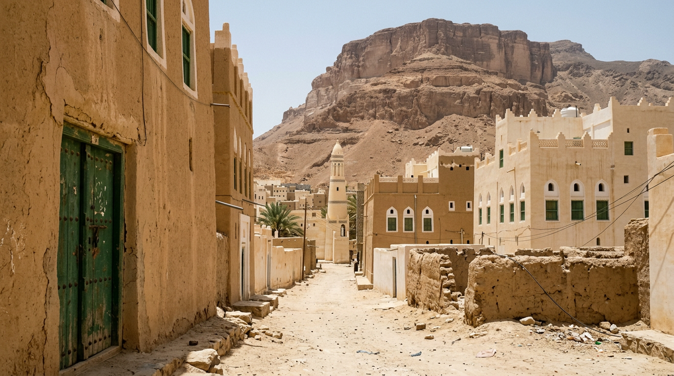 A sunlit Tarim street with a green wooden door, cream buildings, a white minaret, palms and mountains